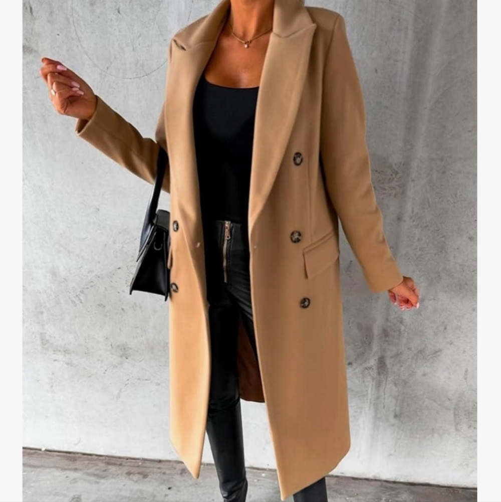 NWT Long Wool Coat Double Breasted Trench Coat Womens Size Medium Camel Color - Picture 1 of 7